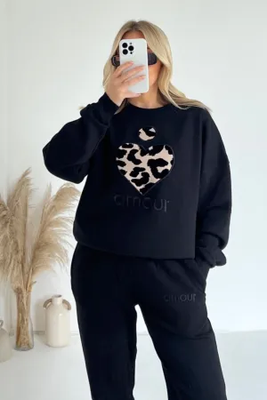 Amour black leopard heart embroidered sweater joggers premium loungewear