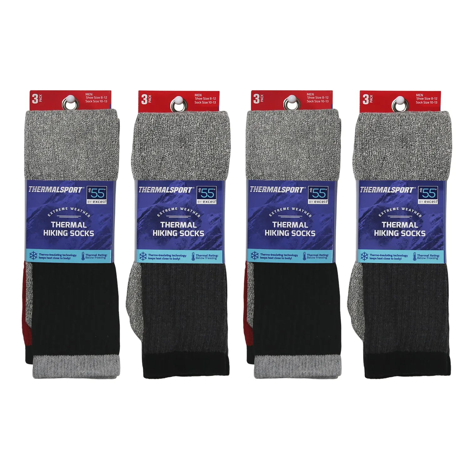 12 Pairs of Thermal Tube Socks for Hiking, Grey With Colored Tops, 10-13