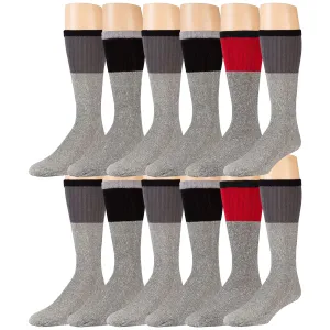 12 Pairs of Thermal Tube Socks for Hiking, Grey With Colored Tops, 10-13