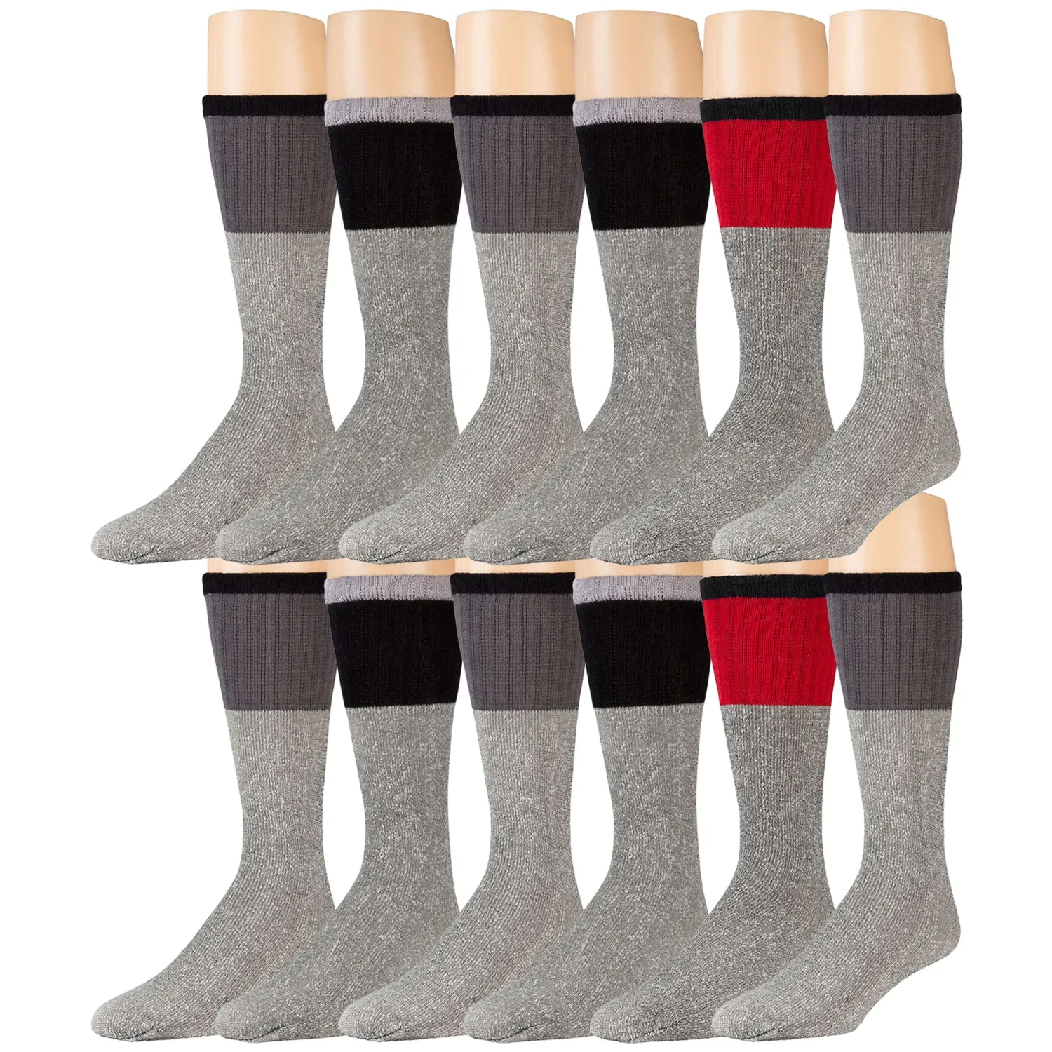 12 Pairs of Thermal Tube Socks for Hiking, Grey With Colored Tops, 10-13