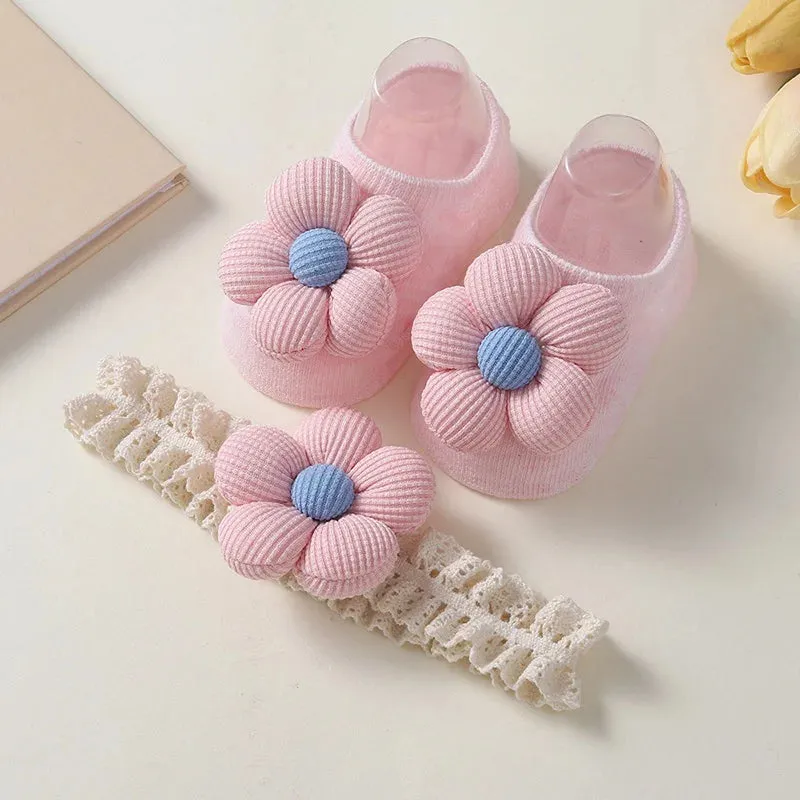 2 Pcs/Set Baby Girls Headband Socks Set Newborn Girls Cute Flowers Toddler Princess Sock Autumn Infant Hair Accessories