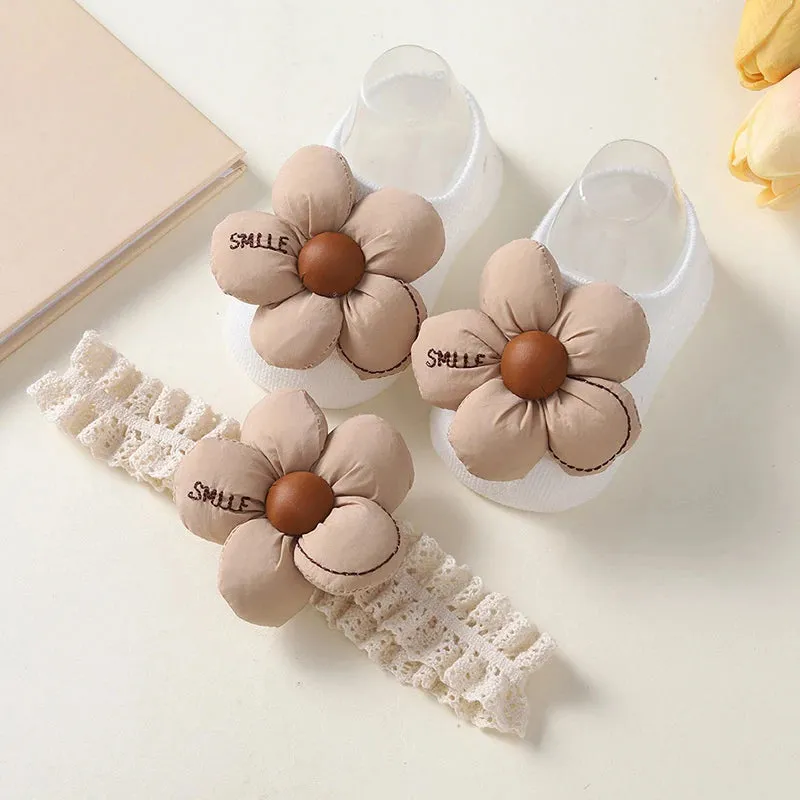 2 Pcs/Set Baby Girls Headband Socks Set Newborn Girls Cute Flowers Toddler Princess Sock Autumn Infant Hair Accessories