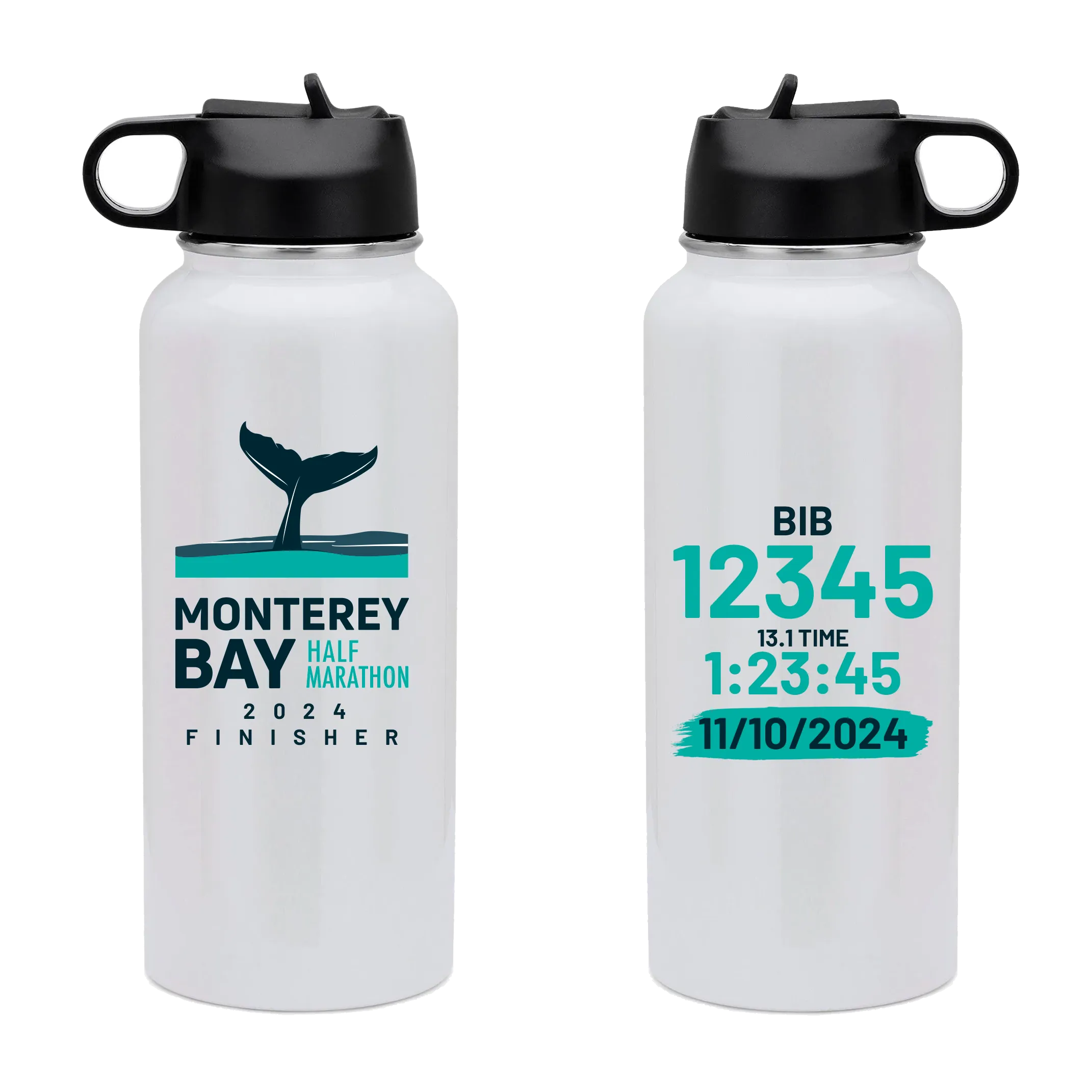 2024 Monterey Bay Half Marathon Finisher Water Bottle with Personalized Bib and Time