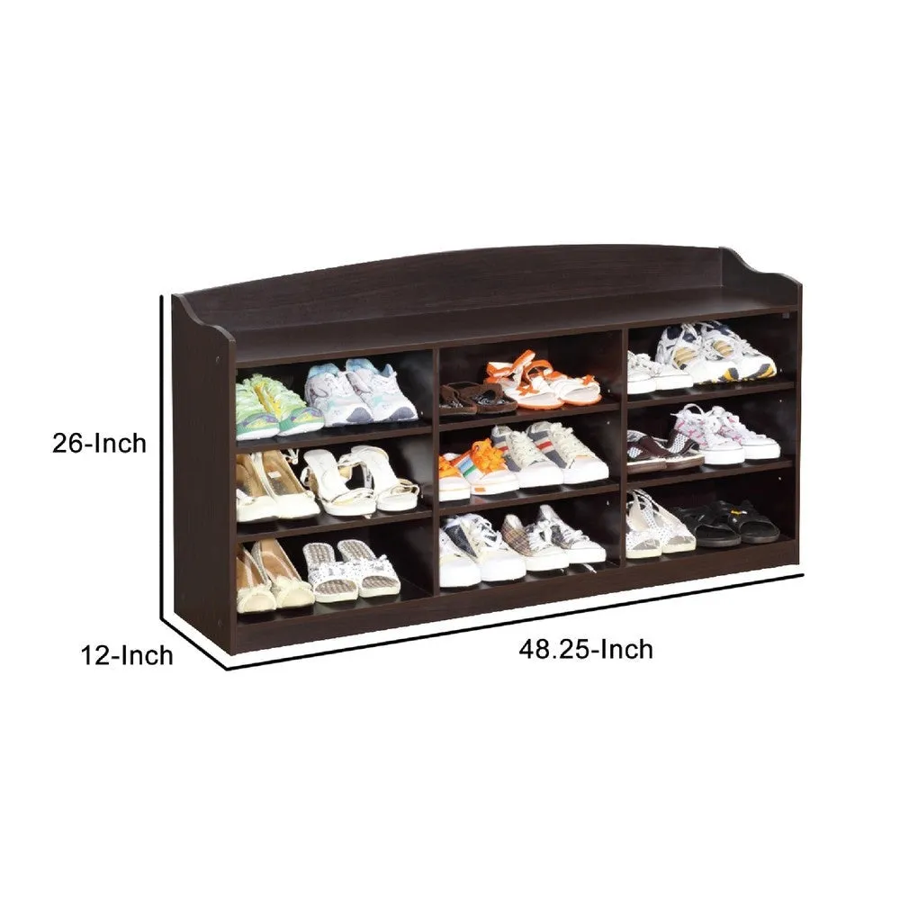 48 Inch Classic Wood Shoe Rack, 9 Cubbies, Elegant Wood Grains, Dark Brown By Casagear Home