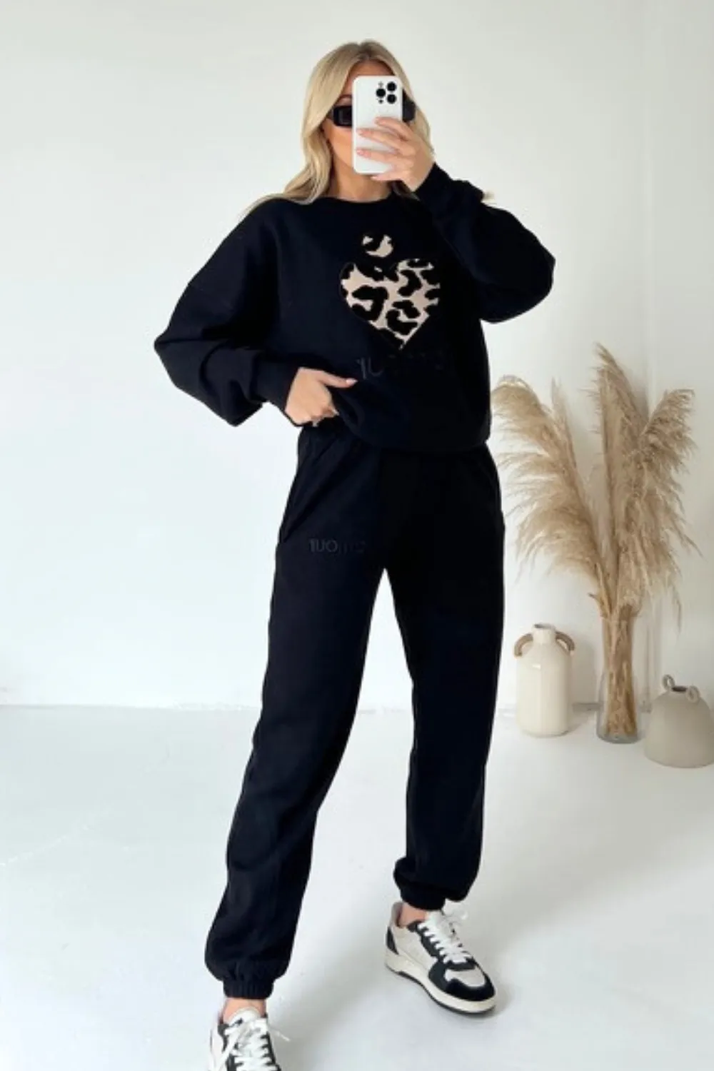 Amour black leopard heart embroidered sweater joggers premium loungewear