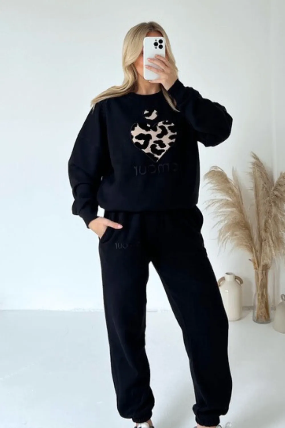 Amour black leopard heart embroidered sweater joggers premium loungewear