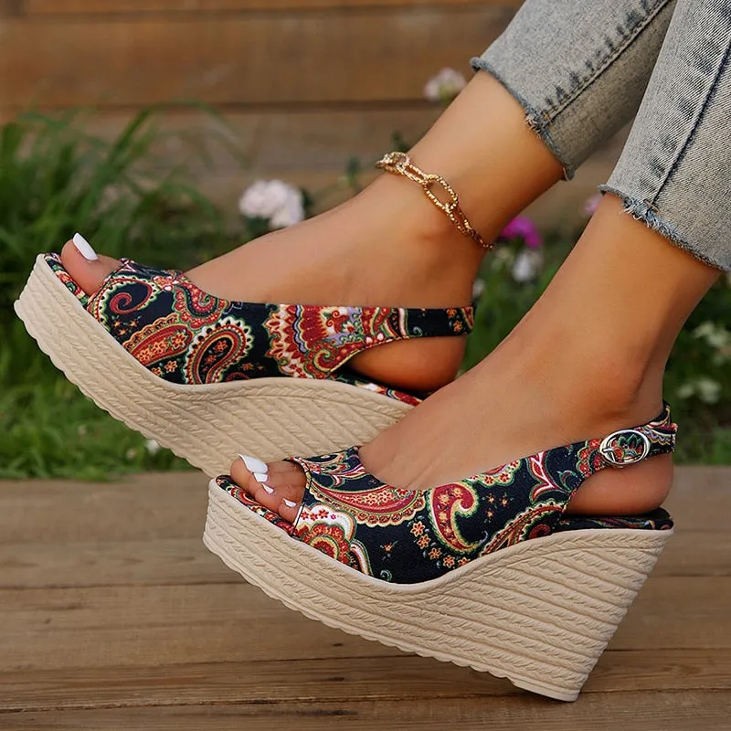 Amozae Style Print Wedge Sandals for Women Peep Toe Chunky Platform Shoes Woman Summer Thick Bottom Gladiator Sandalias Mujer