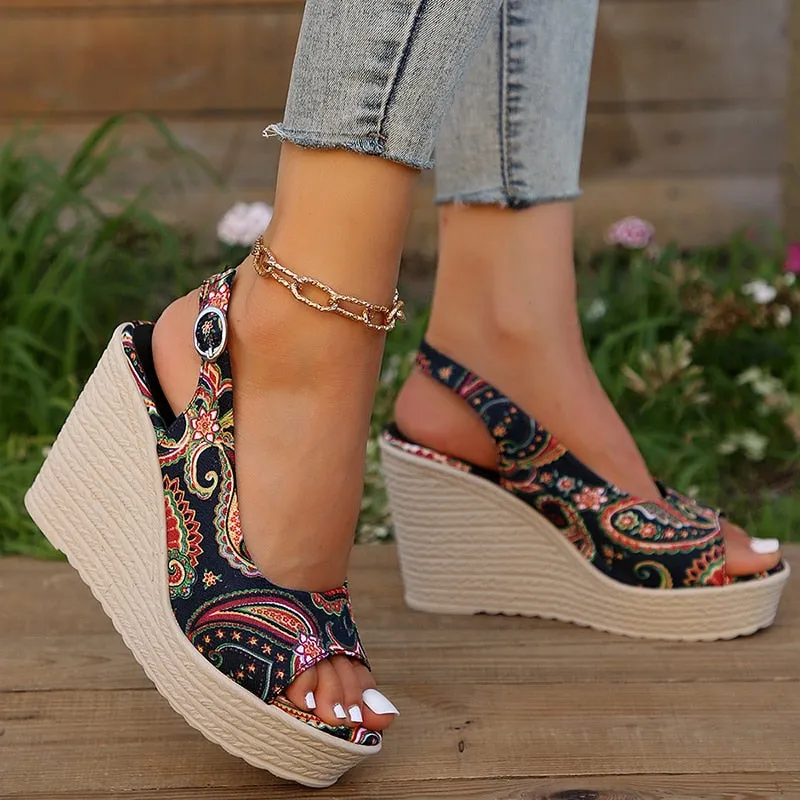 Amozae Style Print Wedge Sandals for Women Peep Toe Chunky Platform Shoes Woman Summer Thick Bottom Gladiator Sandalias Mujer