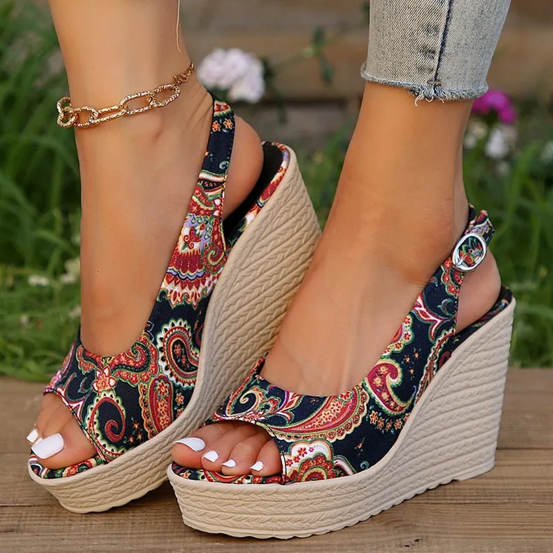 Amozae Style Print Wedge Sandals for Women Peep Toe Chunky Platform Shoes Woman Summer Thick Bottom Gladiator Sandalias Mujer