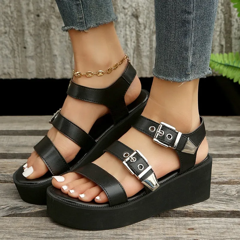 Amozae Wedge Platform Gladiator Sandals for Women Double Metal Buckle Thick Bottom Gothic Shoes Woman Summer Chunky Sandals Plus Size