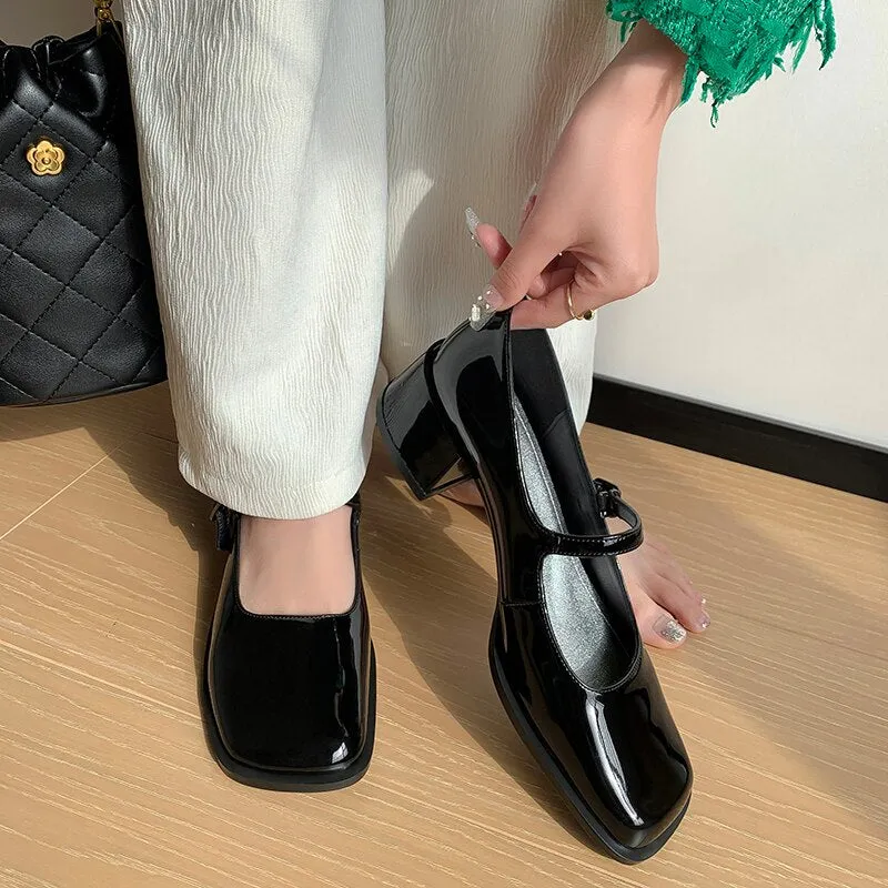 Back to school 2023 new spring women pumps natural leather 22-24.5cm length cowhide sheepskin full leather square toe Buckle Mary Jane shoes