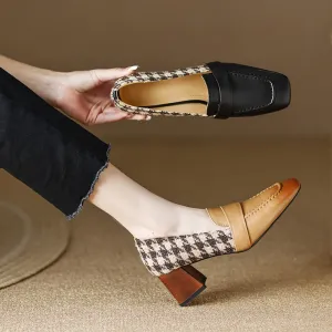 Back to school 2023 new Spring women pumps natural leather plus size 22-25cm cowhide Plaid full leather square toe thick heels women shoes