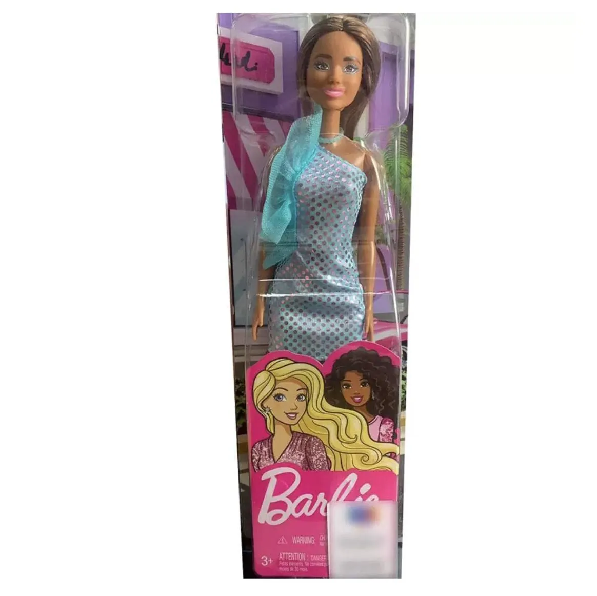 Barbie Brunette Hair Doll Wearing Teal Metallic Dress for Kids Ages 3 