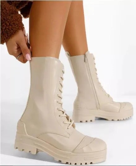 Beige Faux Suede Chunky Sole Laces Boots