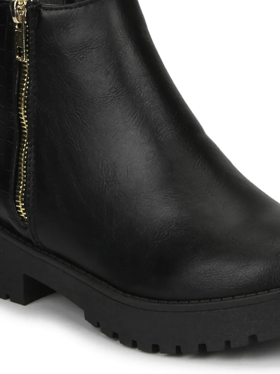 Black PU Gold Zip Low Block Heel Ankle Boots