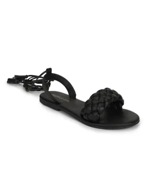 Black PU Lace up Flat Sandals