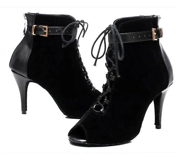 Black Suede, Velvet & Leather Open Toe Ankle Boots