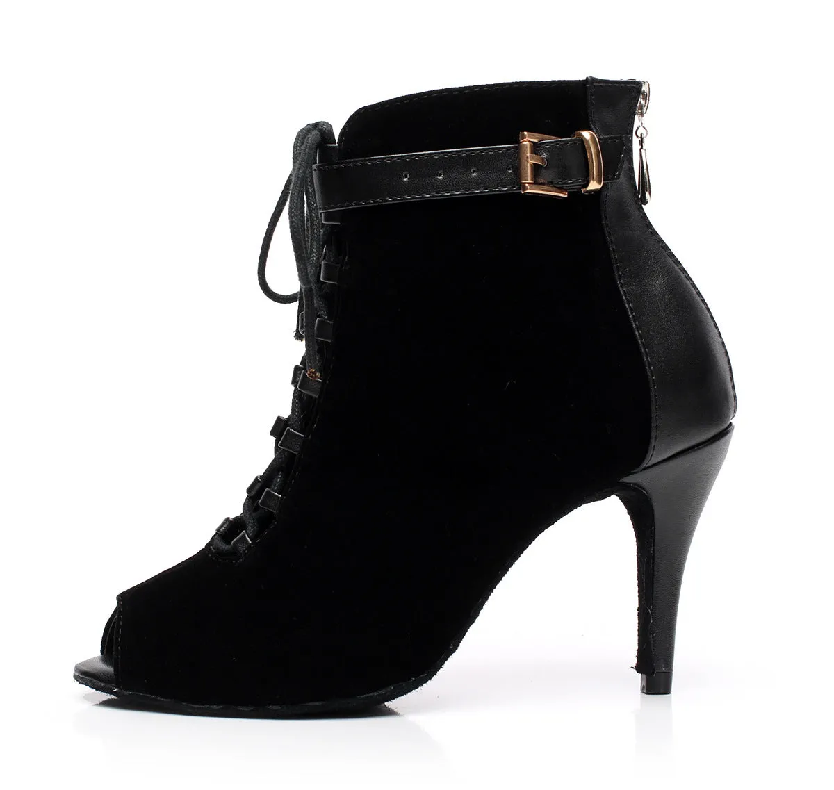 Black Suede, Velvet & Leather Open Toe Ankle Boots