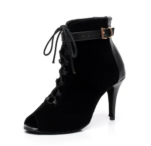 Black Suede, Velvet & Leather Open Toe Ankle Boots