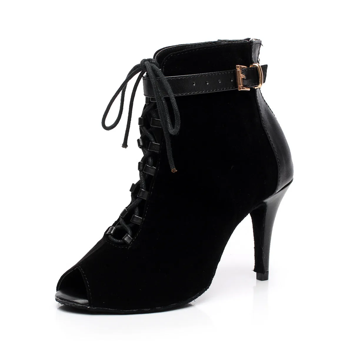 Black Suede, Velvet & Leather Open Toe Ankle Boots