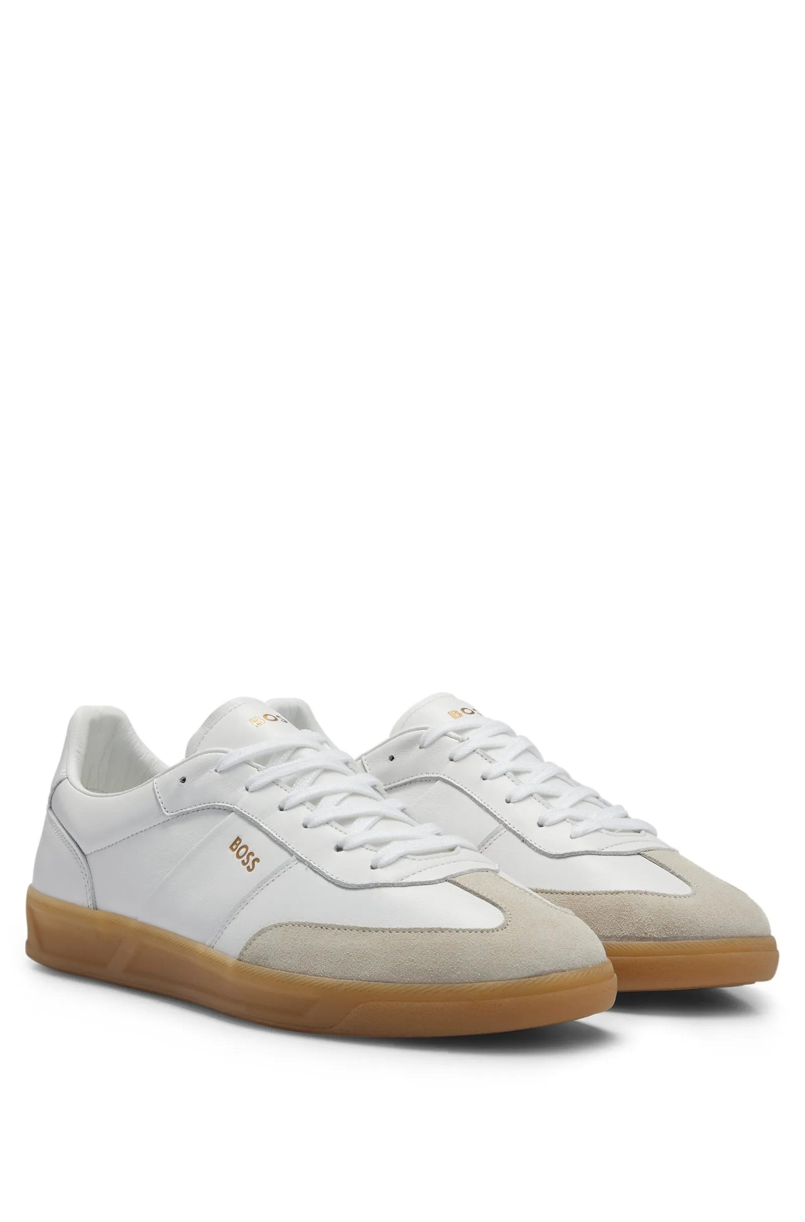 Boss Leather and Suede Trainers with Embossed Logos - White