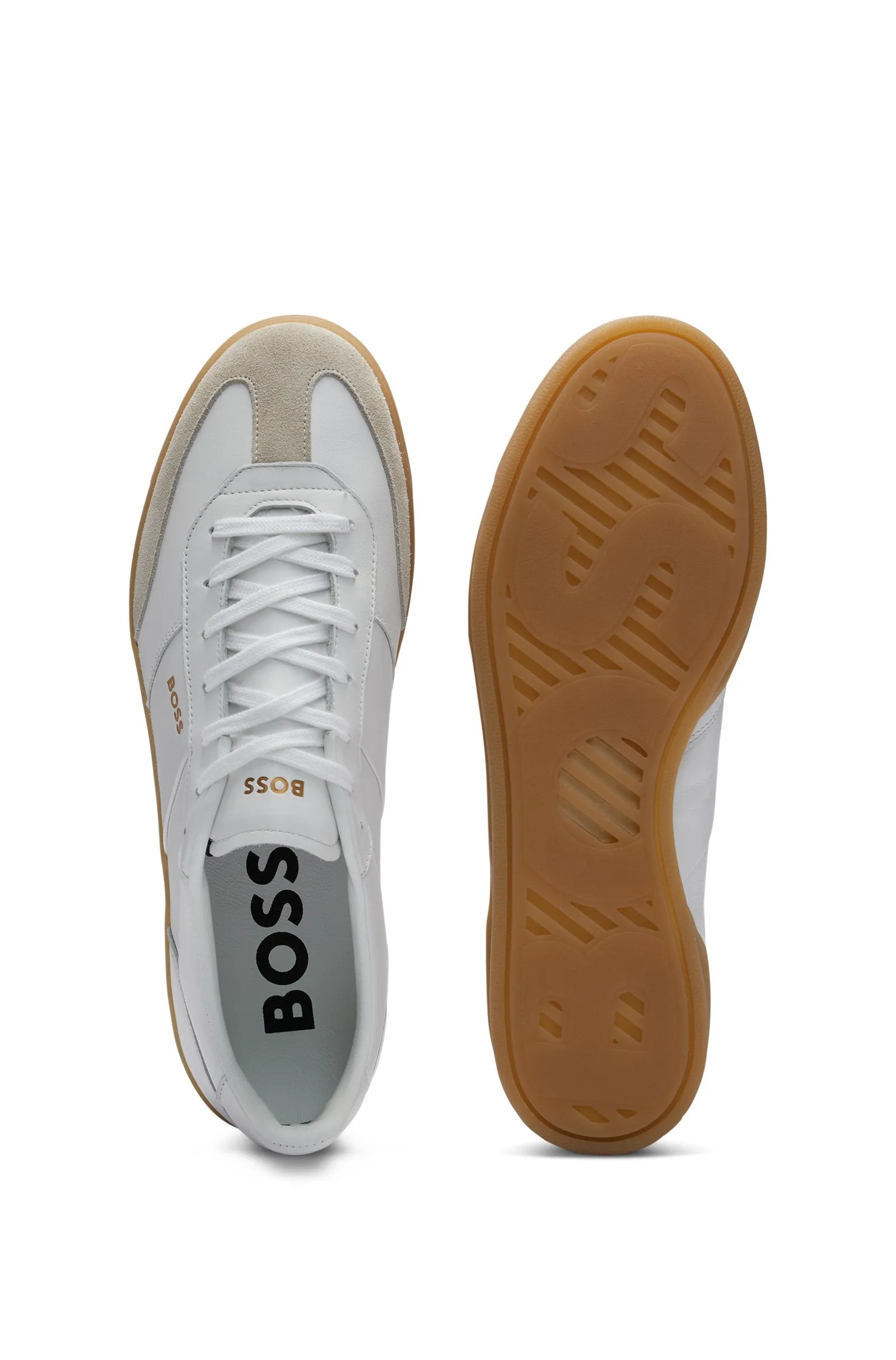 Boss Leather and Suede Trainers with Embossed Logos - White