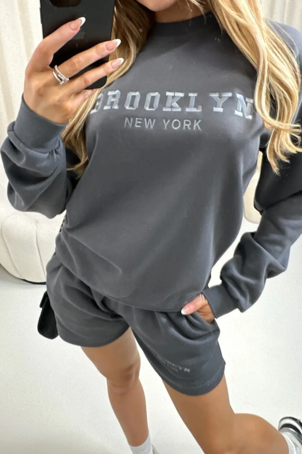 Brooklyn steel grey embroidered sweater shorts loungewear