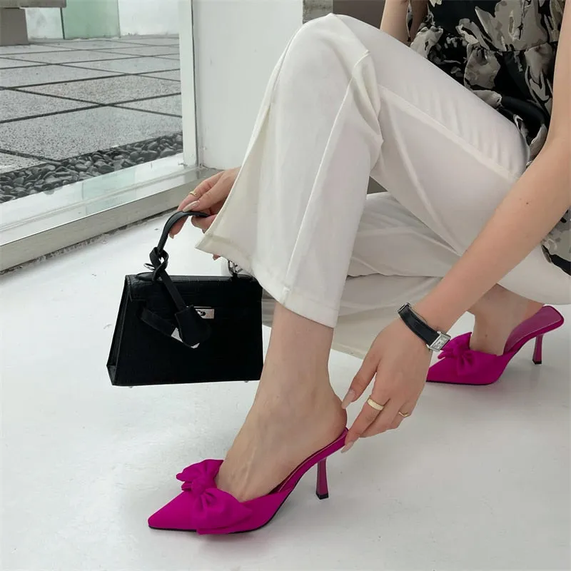 Butterfly-Knot Bow Pointed Toe High Heel Mules