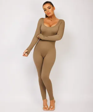 Camel Elastic Ribbed Long Sleeve Butt Lift Jumpsuit