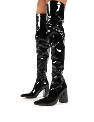 Damn Black PU Thigh High Heeled Boots