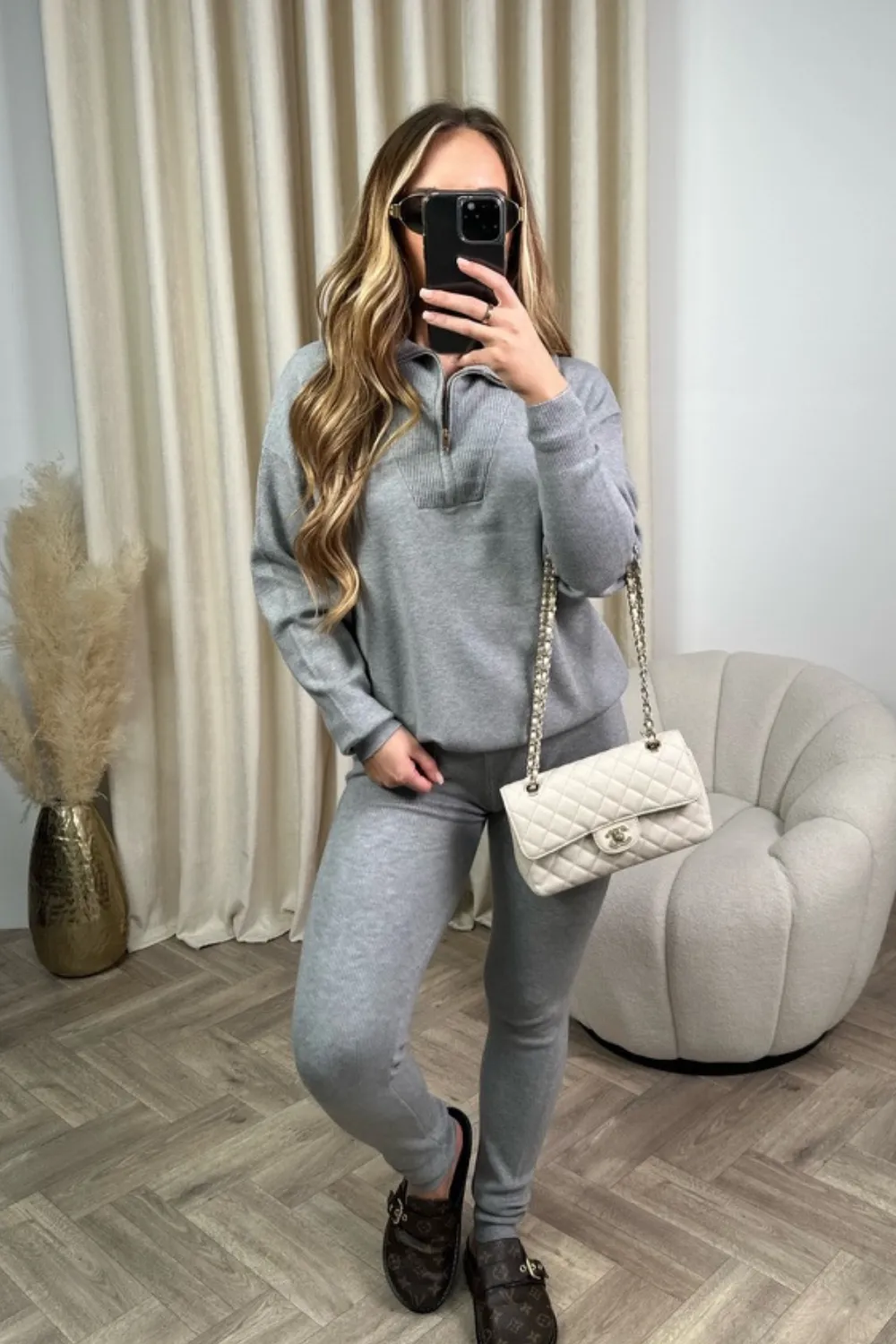 Delilah grey 1/4 zip knitted sweater loungewear set