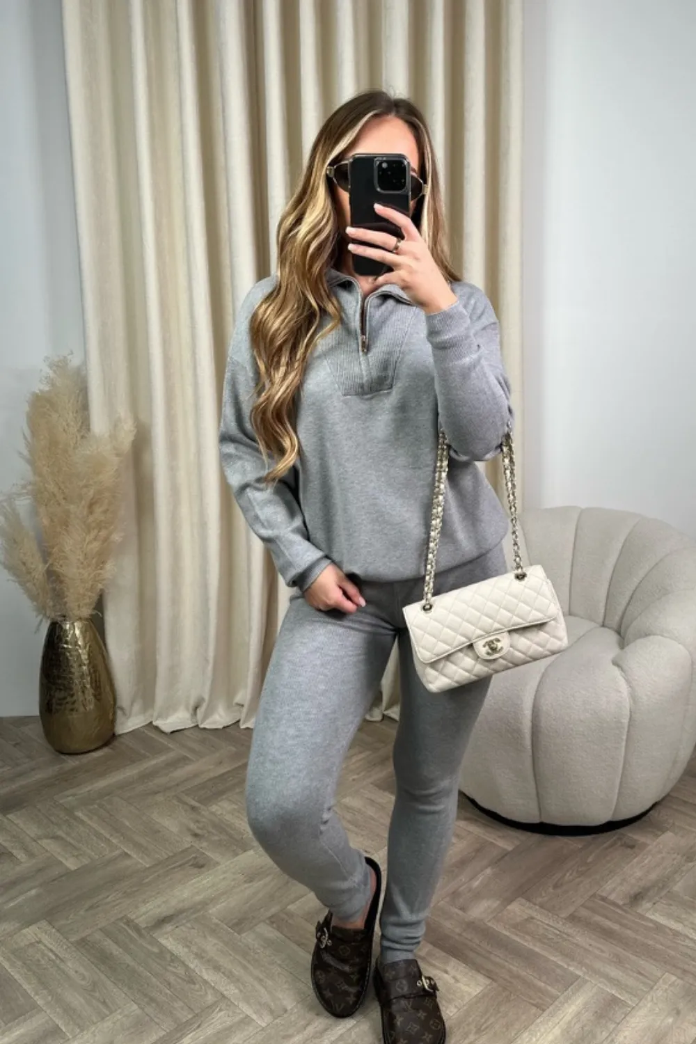 Delilah grey 1/4 zip knitted sweater loungewear set