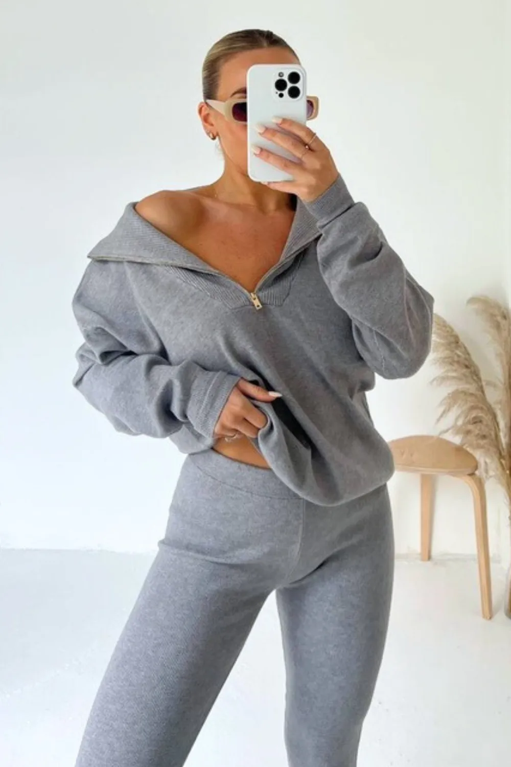 Delilah grey 1/4 zip knitted sweater loungewear set