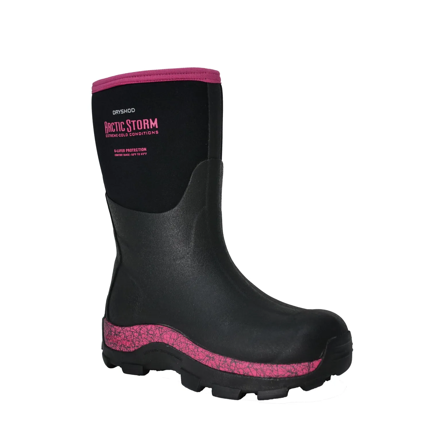 Dryshod Womens Arctic Storm Mid Black/Pink Neoprene Extreme-Cold Snow Boots