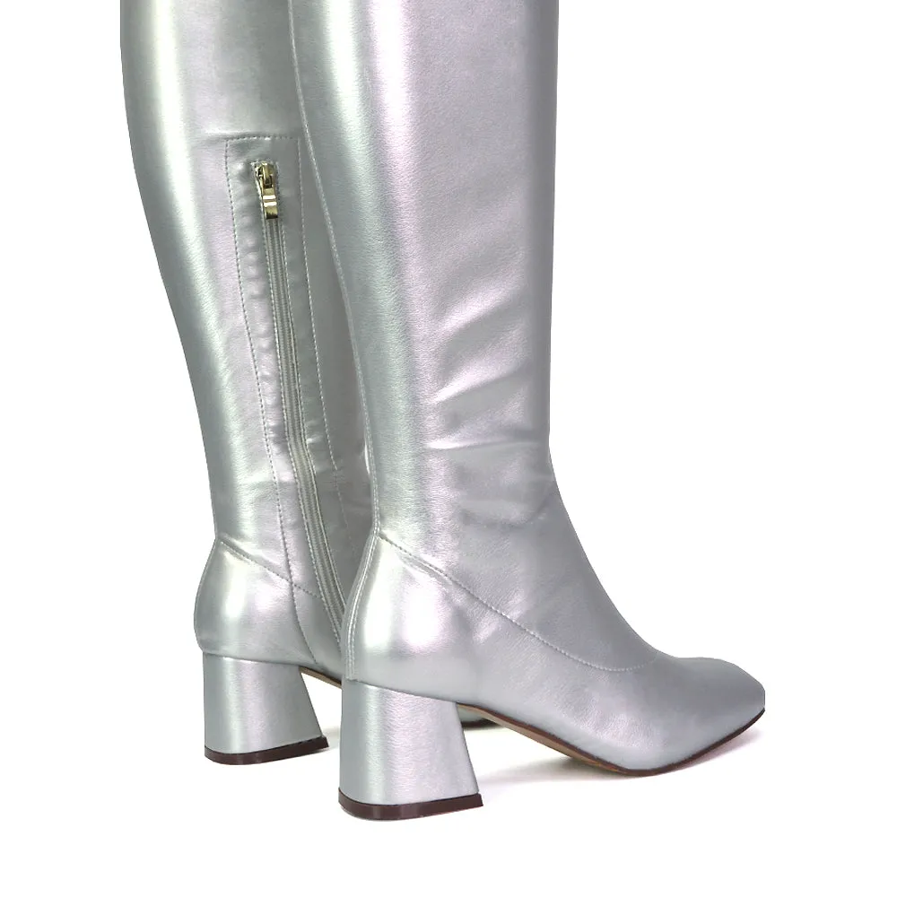 Emmett Flared Mid Block Heel Over the Knee Boots In Pink Synthetic Leather