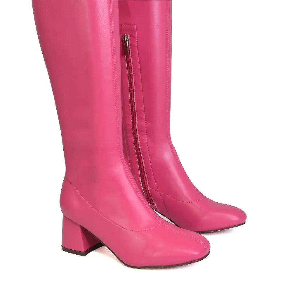 Emmett Flared Mid Block Heel Over the Knee Boots In Pink Synthetic Leather