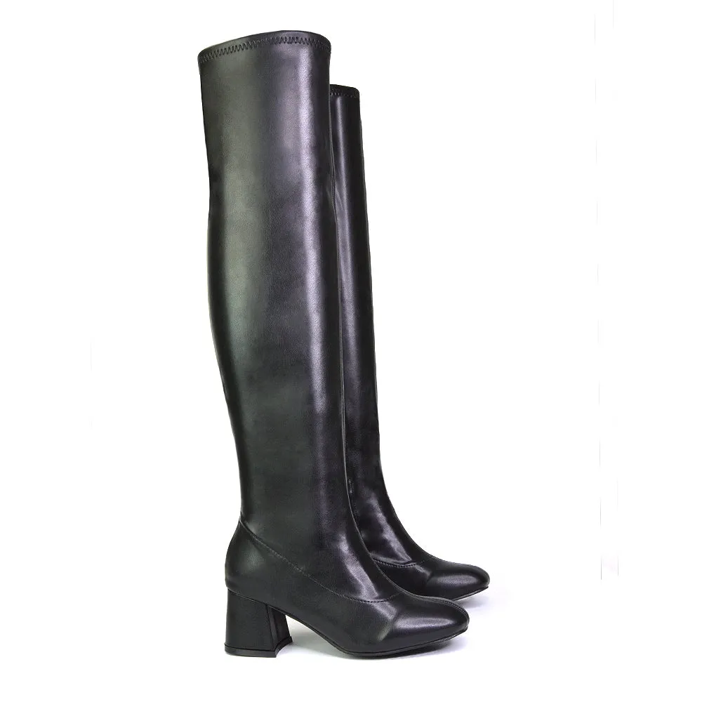 Emmett Flared Mid Block Heel Over the Knee Boots In Pink Synthetic Leather