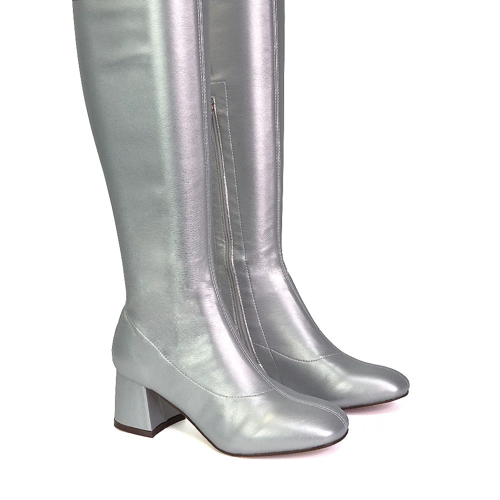 Emmett Flared Mid Block Heel Over the Knee Boots In Pink Synthetic Leather