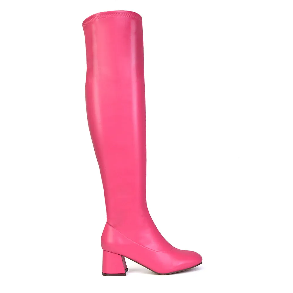 Emmett Flared Mid Block Heel Over the Knee Boots In Pink Synthetic Leather