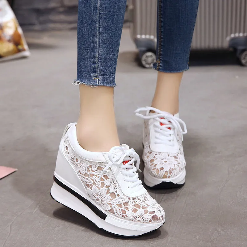 Fashionkova  2022 Summer Women Shoes Wedge Mesh Lace Up Joker Small White Shoes Breathable Thick Bottom Platform Shoes Casual Sneaker Shoes