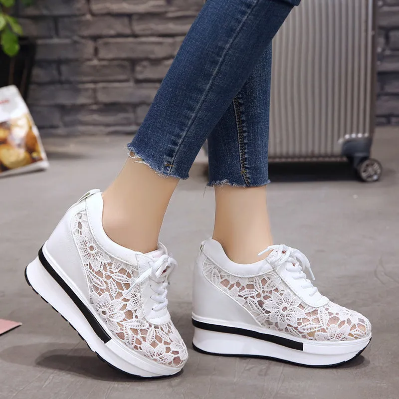 Fashionkova  2022 Summer Women Shoes Wedge Mesh Lace Up Joker Small White Shoes Breathable Thick Bottom Platform Shoes Casual Sneaker Shoes