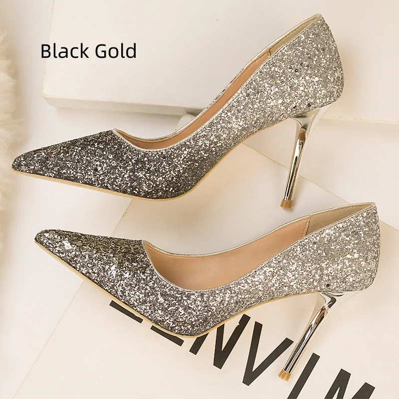 Gradual Sequined Pointed High-heeled Shoes