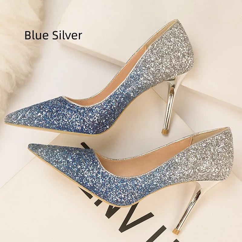 Gradual Sequined Pointed High-heeled Shoes