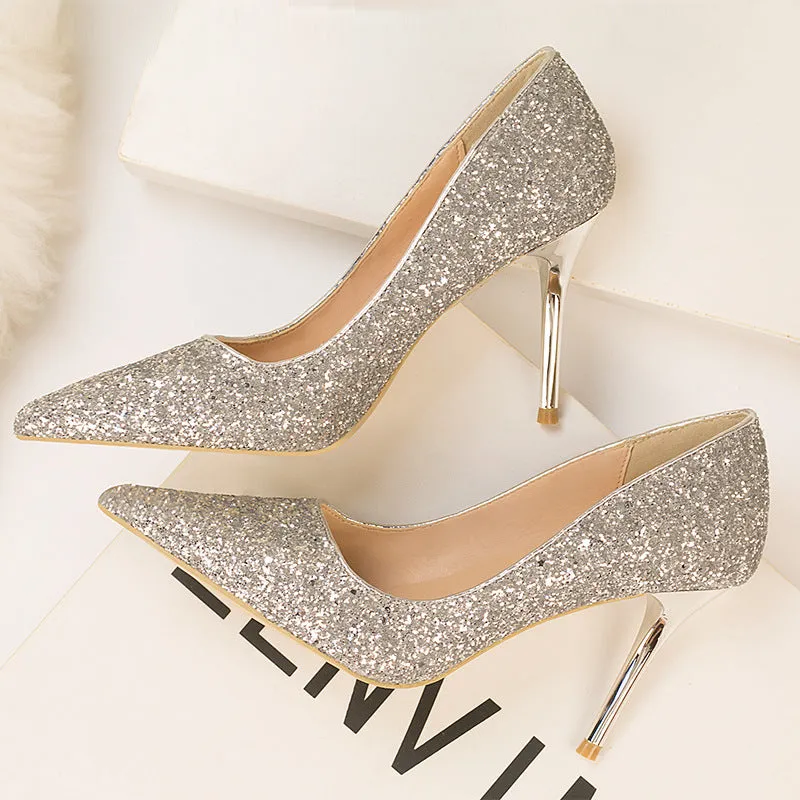 Gradual Sequined Pointed High-heeled Shoes