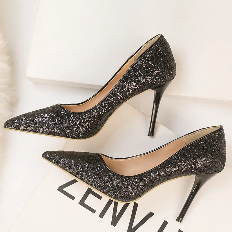 Gradual Sequined Pointed High-heeled Shoes