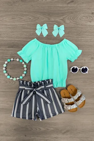 Gray & Mint Stripe Short Set