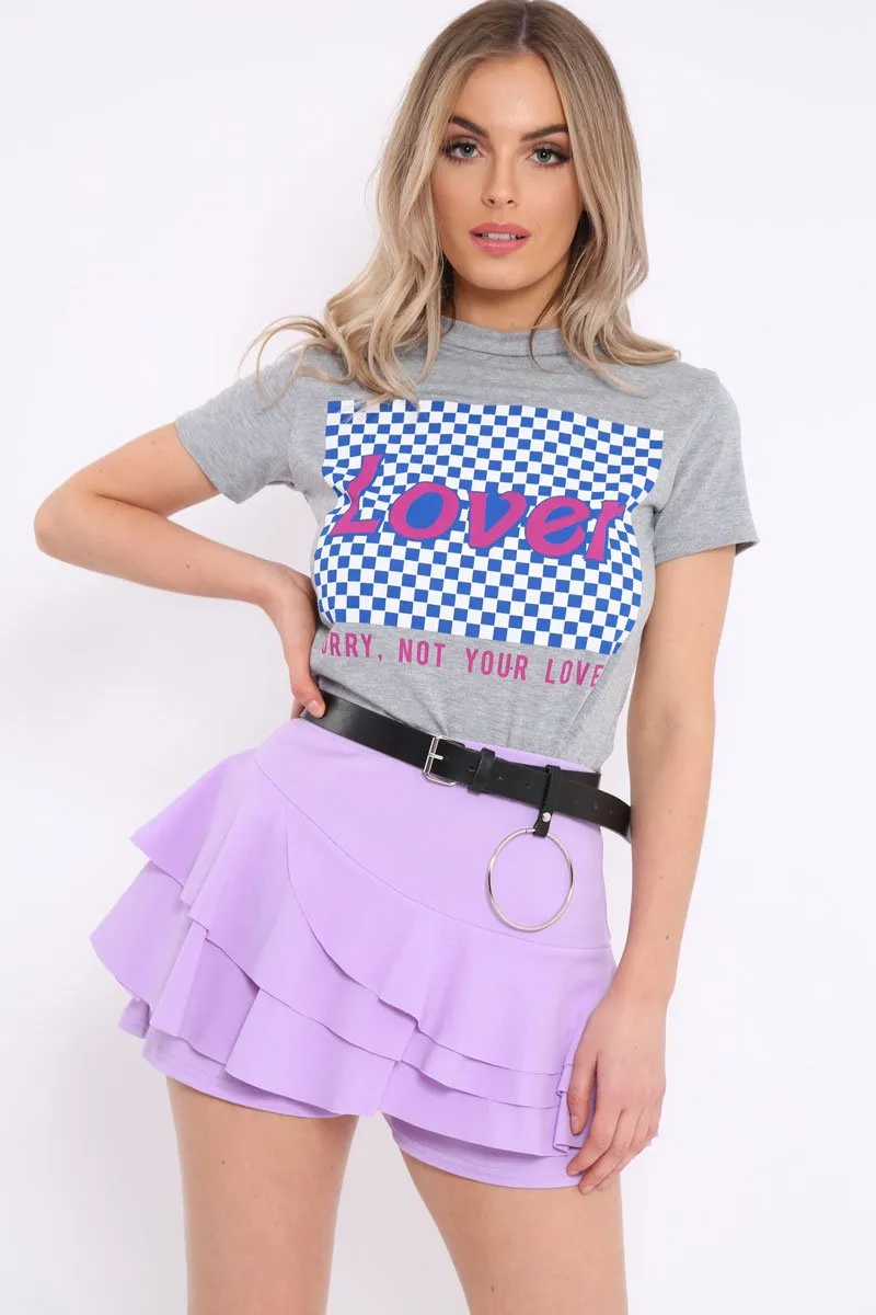 Grey Crew Neck Checker Board Lover Slogan T-Shirt - Camrie