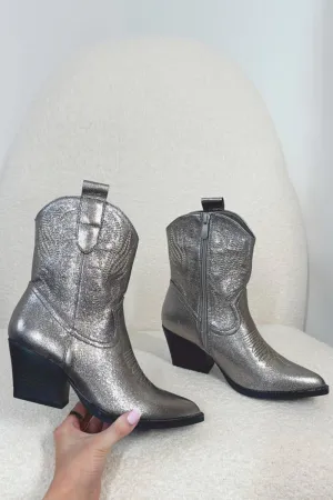 GUN METALLIC EMBROIDED WESTERN COWBOY ANKLE BOOTS