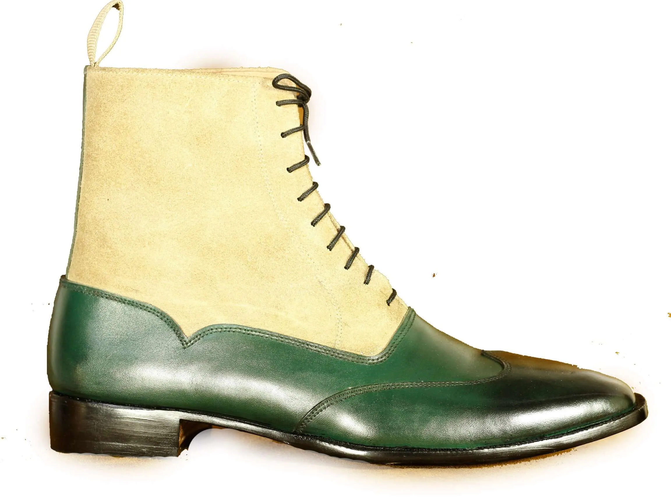 Handmade Beige Green Wing Tip Lace Up Boots for Men