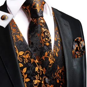 Hi-Tie Black Golden Leaves Silk Men's Vest Hanky Cufflinks Tie Set Waistcoat Suit Set